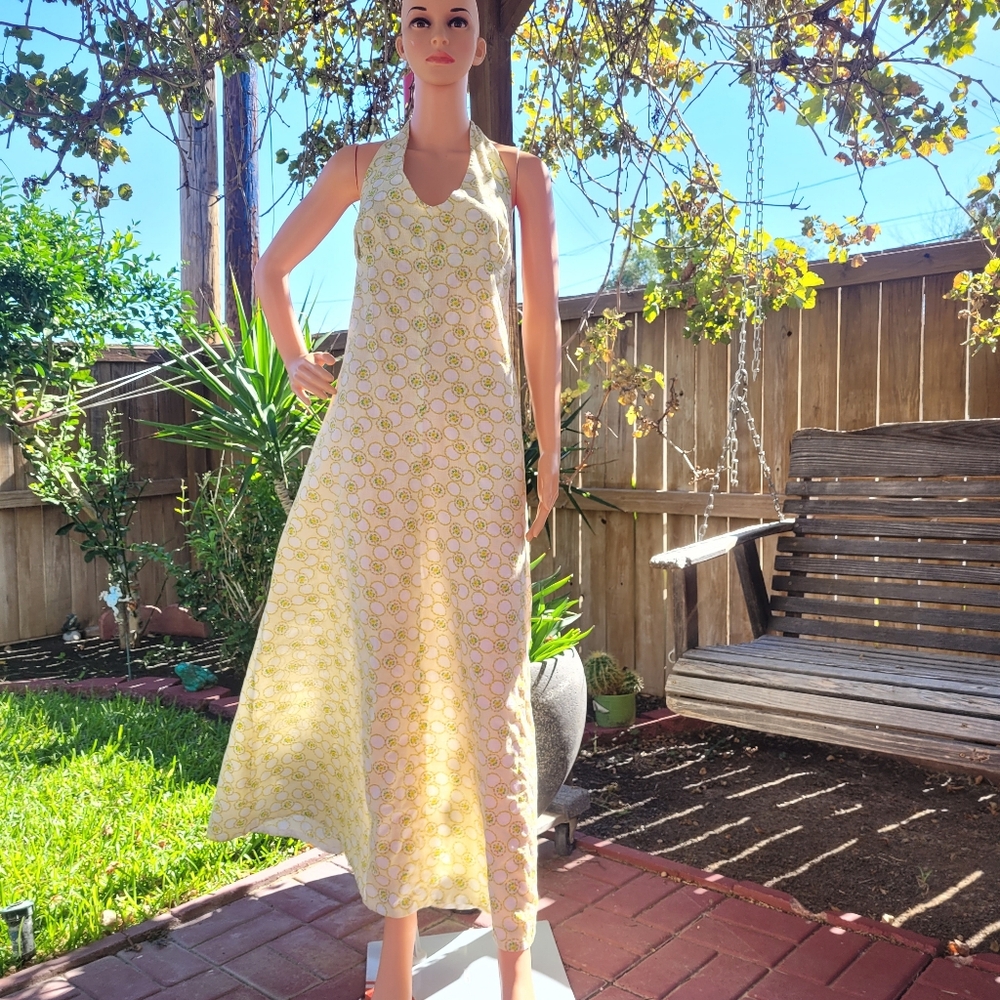 Vintage Handmade Yellow Floral  Maxi Dress with Halter Neck Tie Back & Back Zip